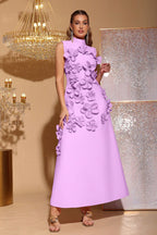 Elton Violet 3D Floral A-Line Maxi Dress