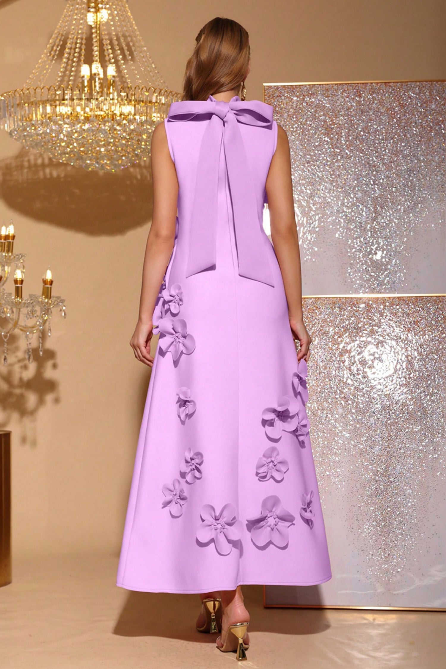 Elton Violet 3D Floral A-Line Maxi Dress