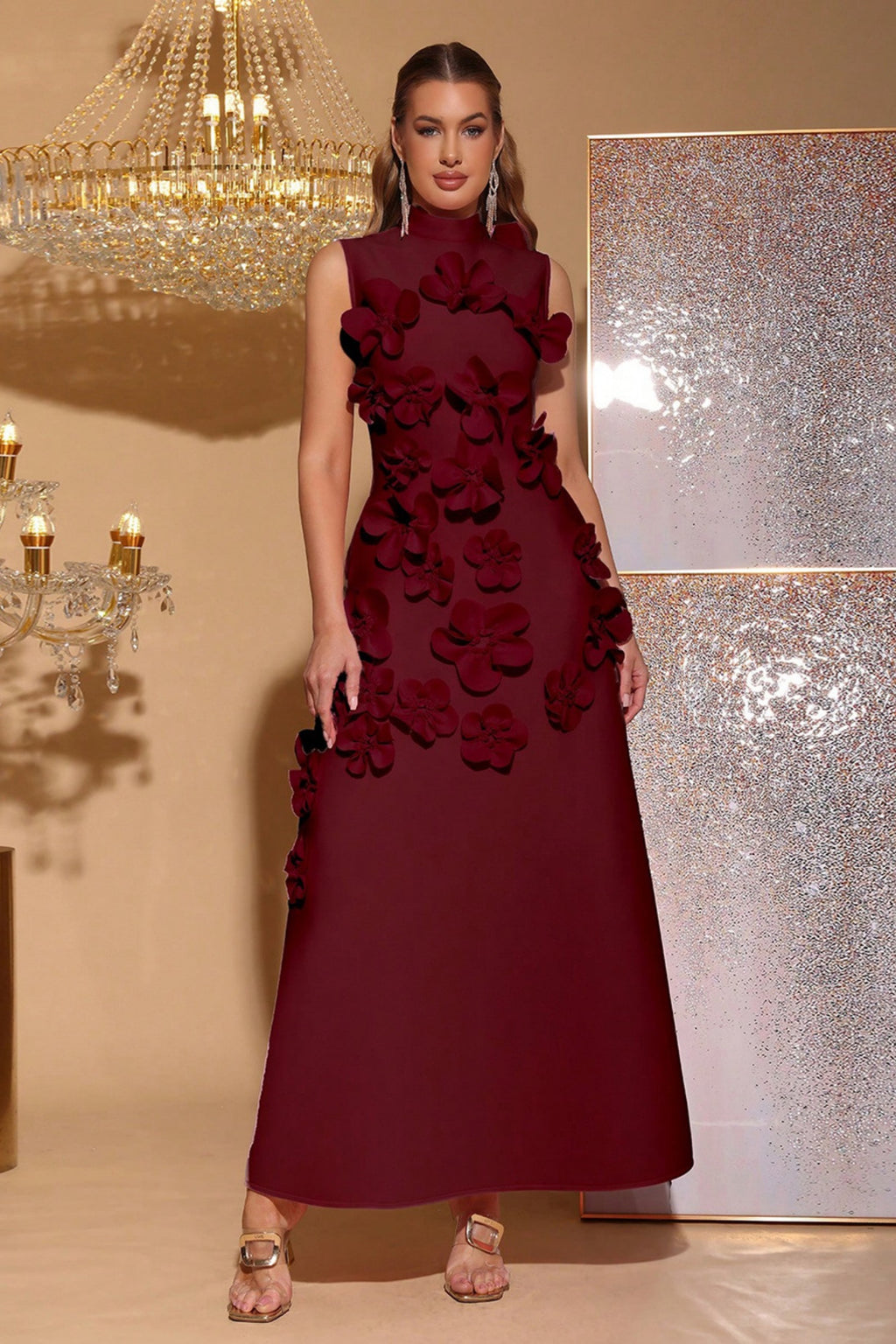 Elton Wine 3D Floral A-Line Maxi Dress