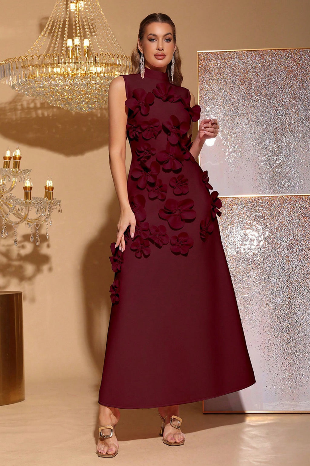 Elton Wine 3D Floral A-Line Maxi Dress
