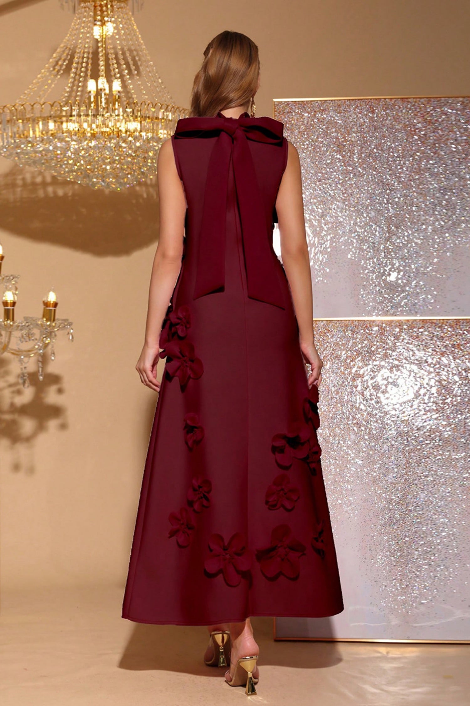 Elton Wine 3D Floral A-Line Maxi Dress