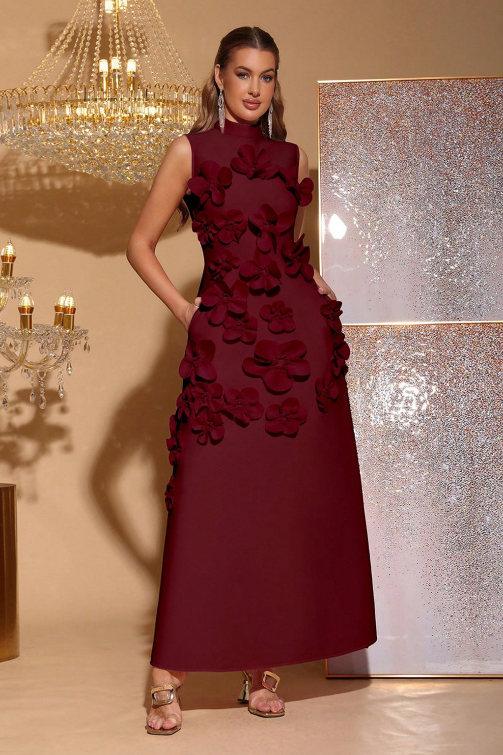 Elton Wine 3D Floral A-Line Maxi Dress