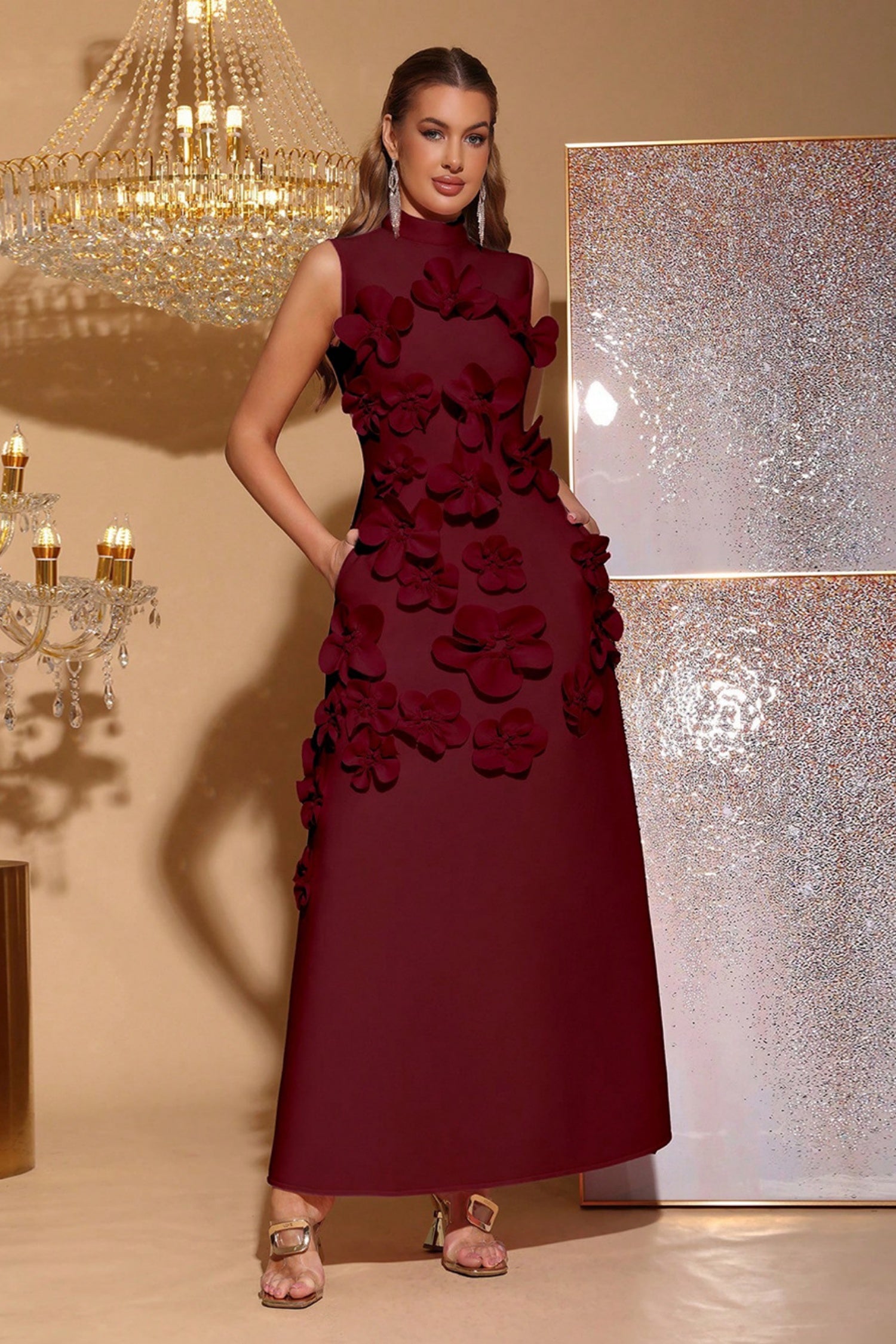 Elton Wine 3D Floral A-Line Maxi Dress