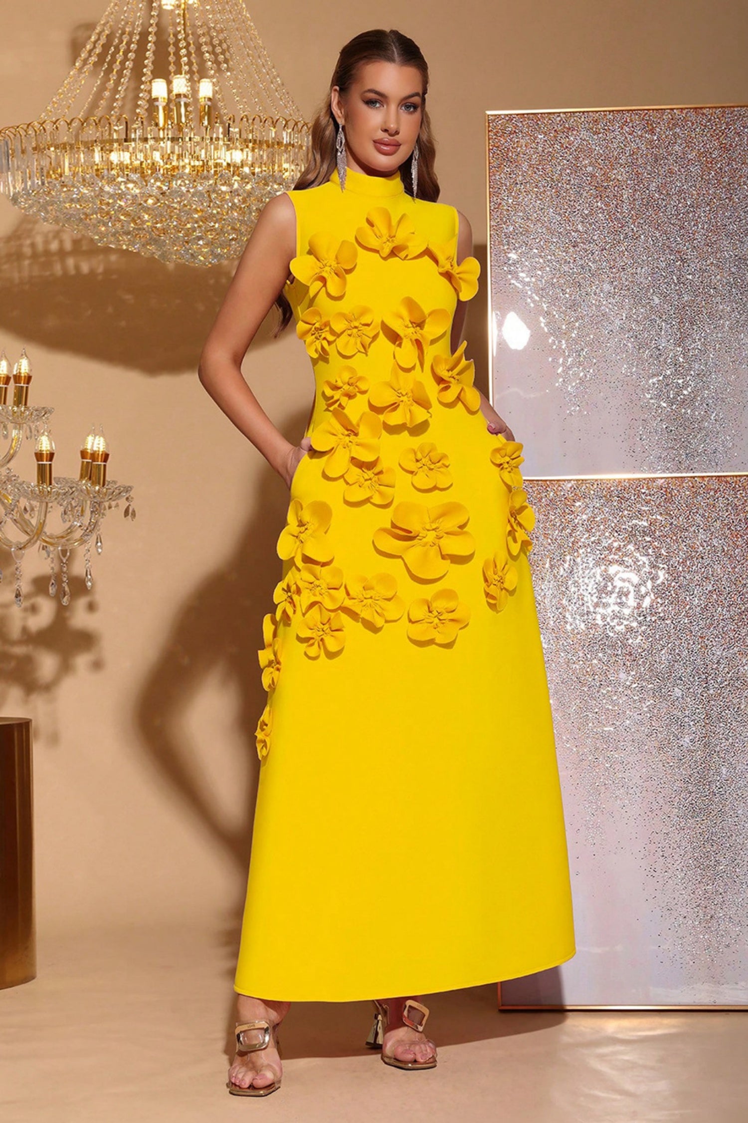 Elton Yellow 3D Floral A-Line Maxi Dress Main image