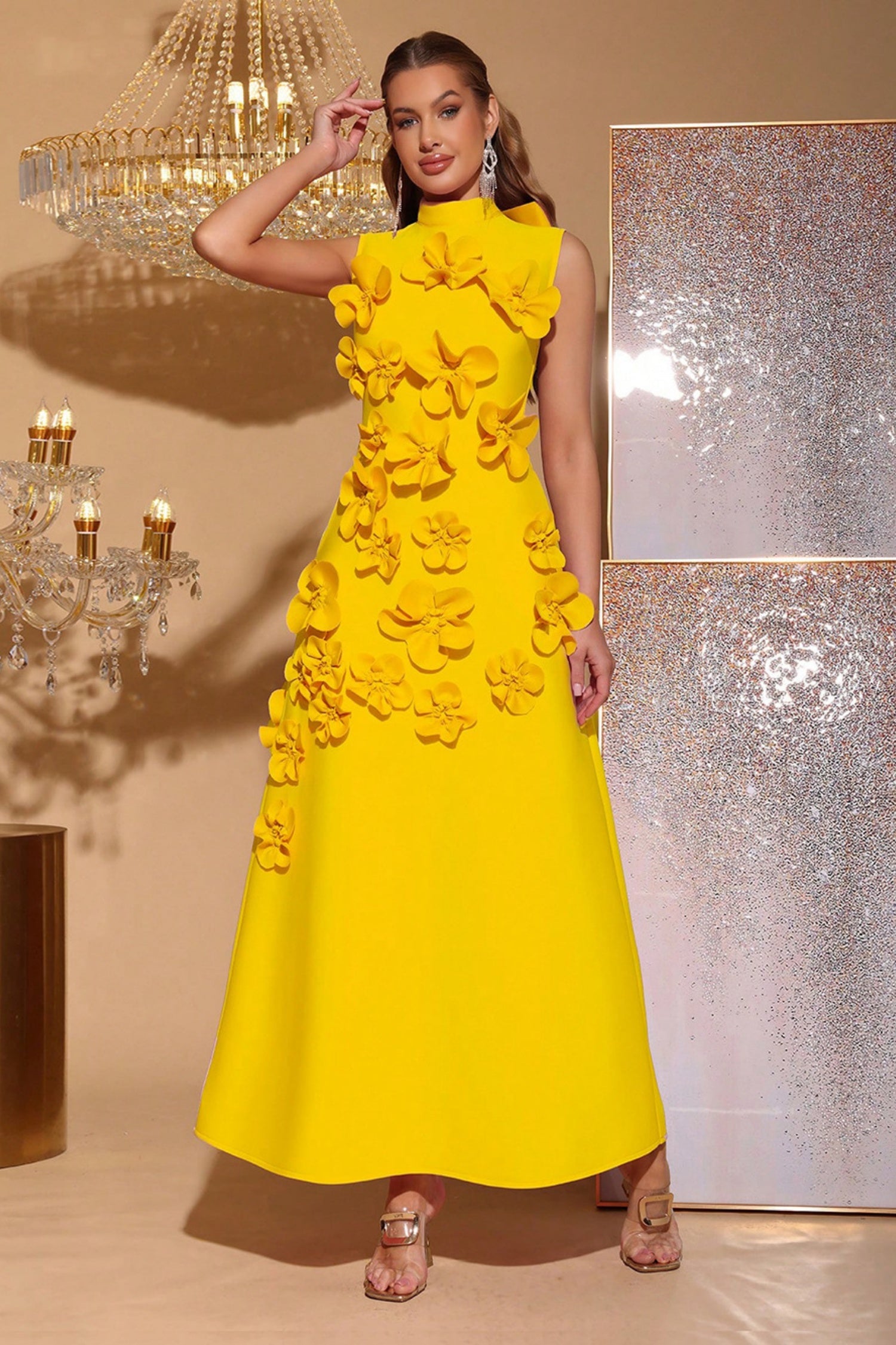Elton Yellow 3D Floral A-Line Maxi Dress Secondary image