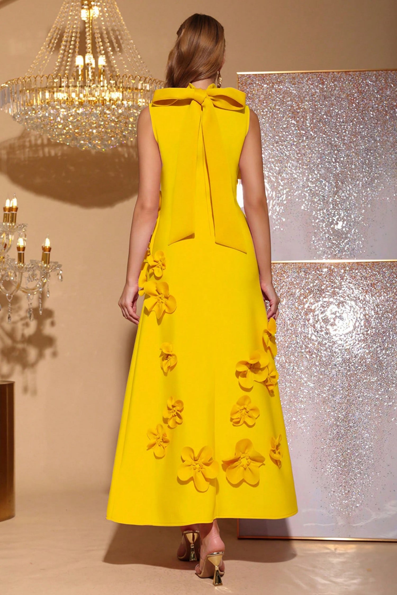 Elton Yellow 3D Floral A-Line Maxi Dress