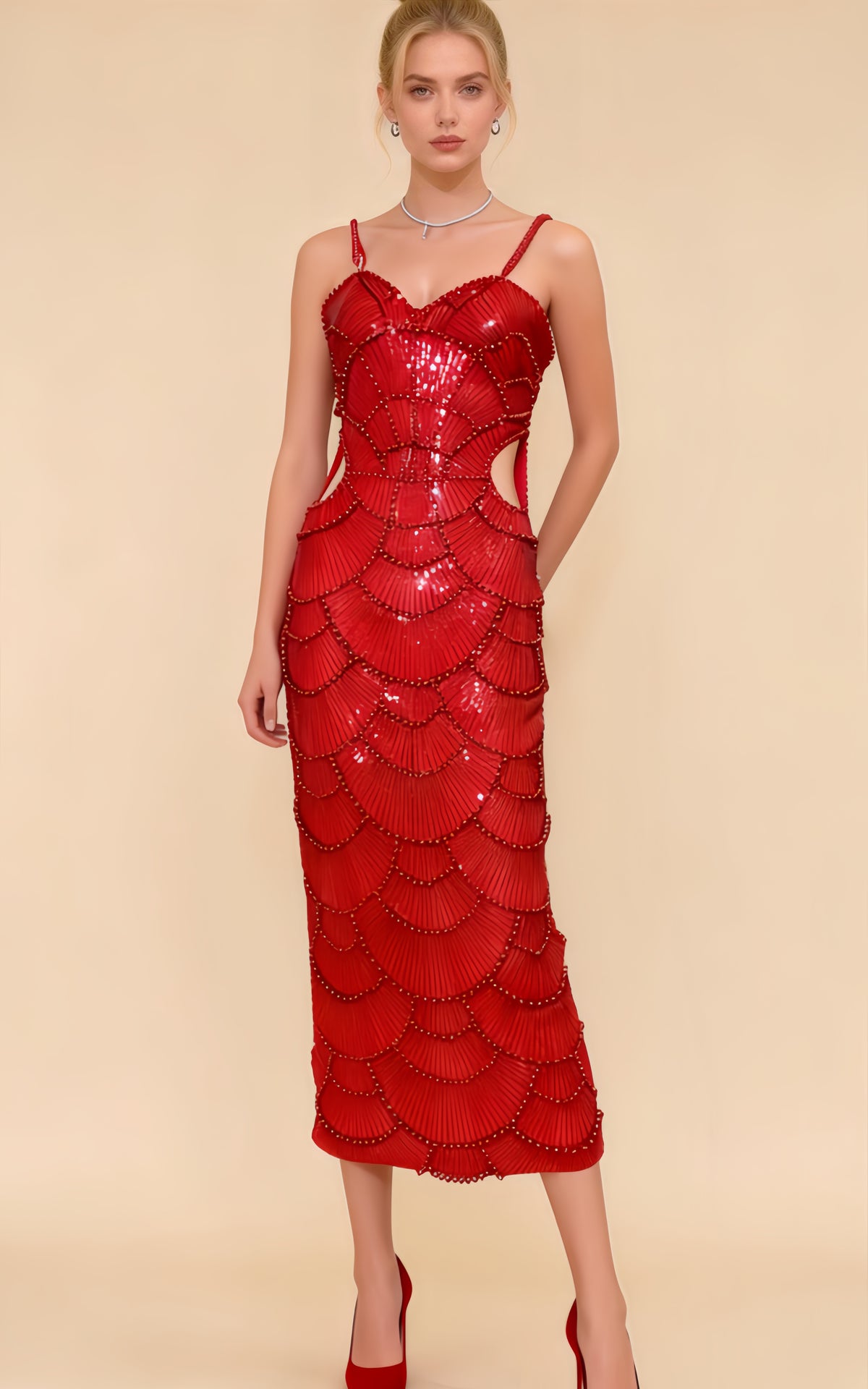 Ember Red Sequin Pearl Maxi Dress