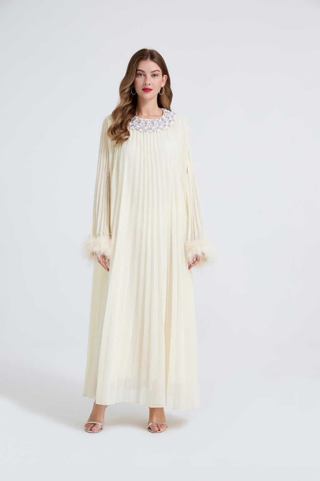 Esme Apricot Rhinestone Feather Pleated Maxi Dress