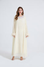 Esme Apricot Rhinestone Feather Pleated Maxi Dress
