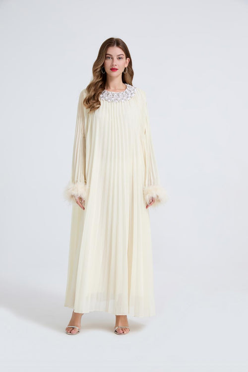 Esme Apricot Rhinestone Feather Pleated Maxi Dress