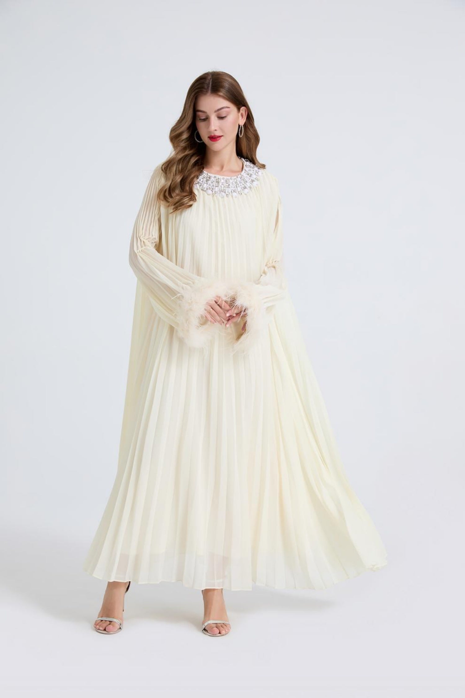 Esme Apricot Rhinestone Feather Pleated Maxi Dress