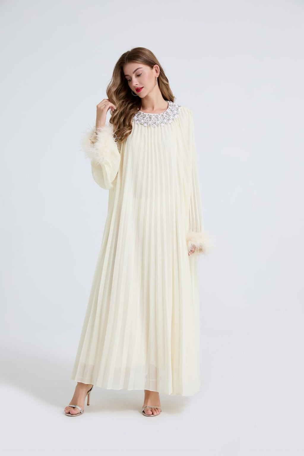 Esme Apricot Rhinestone Feather Pleated Maxi Dress