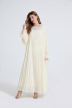 Esme Apricot Rhinestone Feather Pleated Maxi Dress