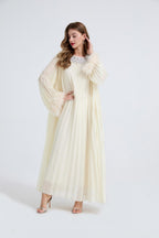 Esme Apricot Rhinestone Feather Pleated Maxi Dress