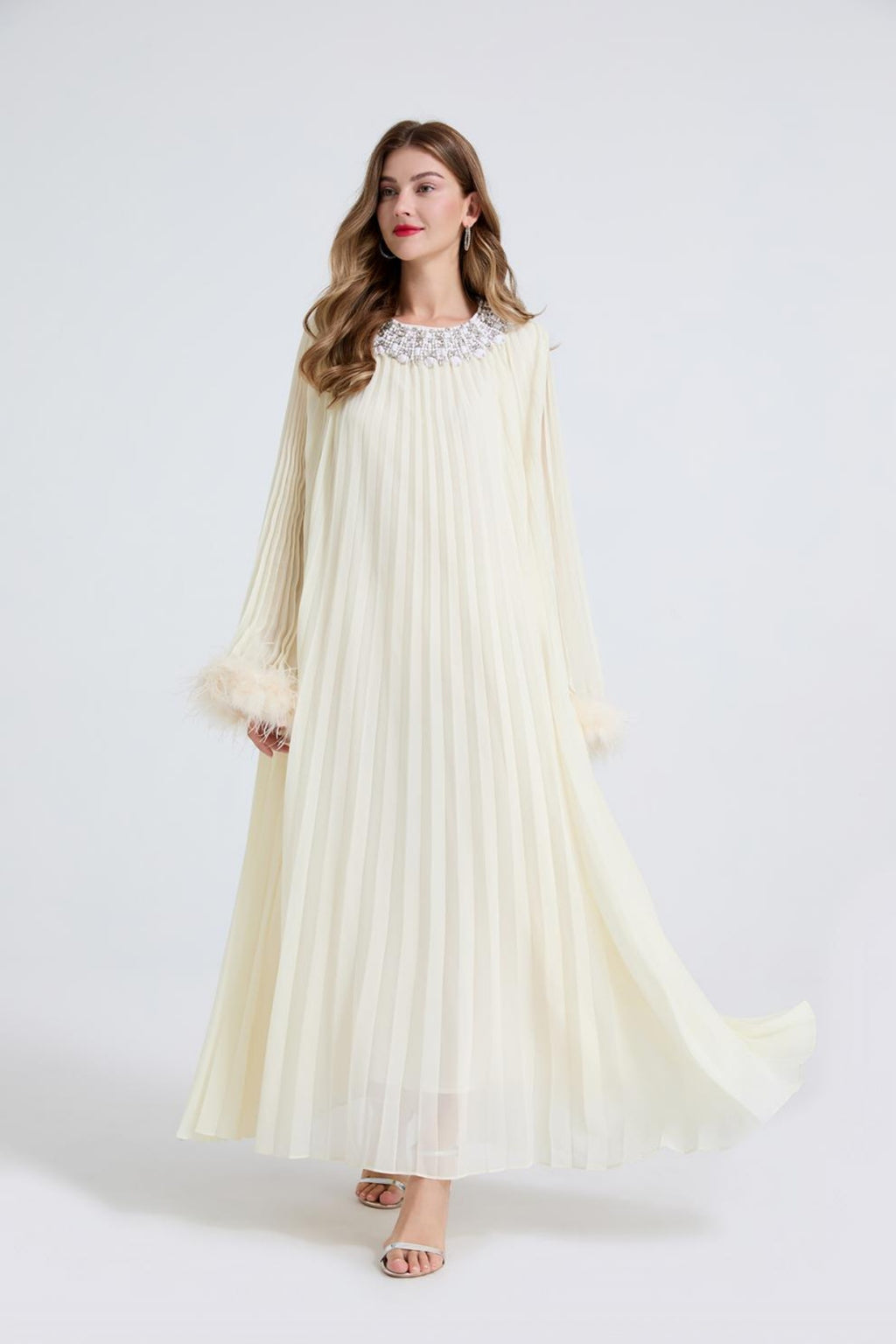 Esme Apricot Rhinestone Feather Pleated Maxi Dress