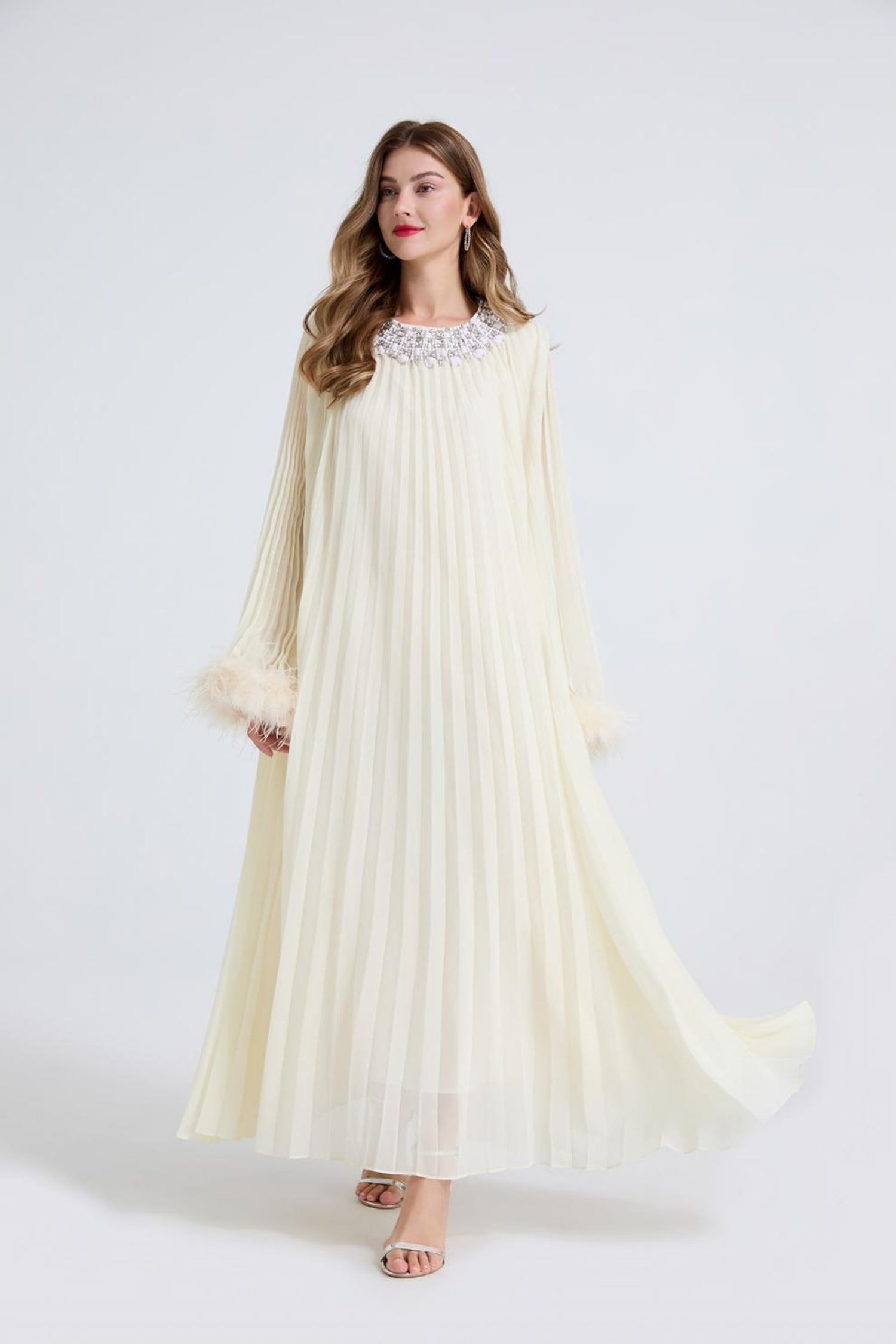 Esme Apricot Rhinestone Feather Pleated Maxi Dress