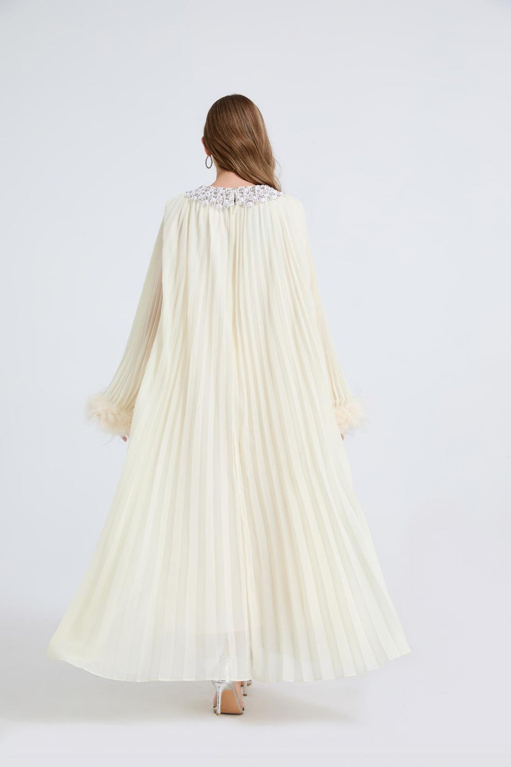 Esme Apricot Rhinestone Feather Pleated Maxi Dress