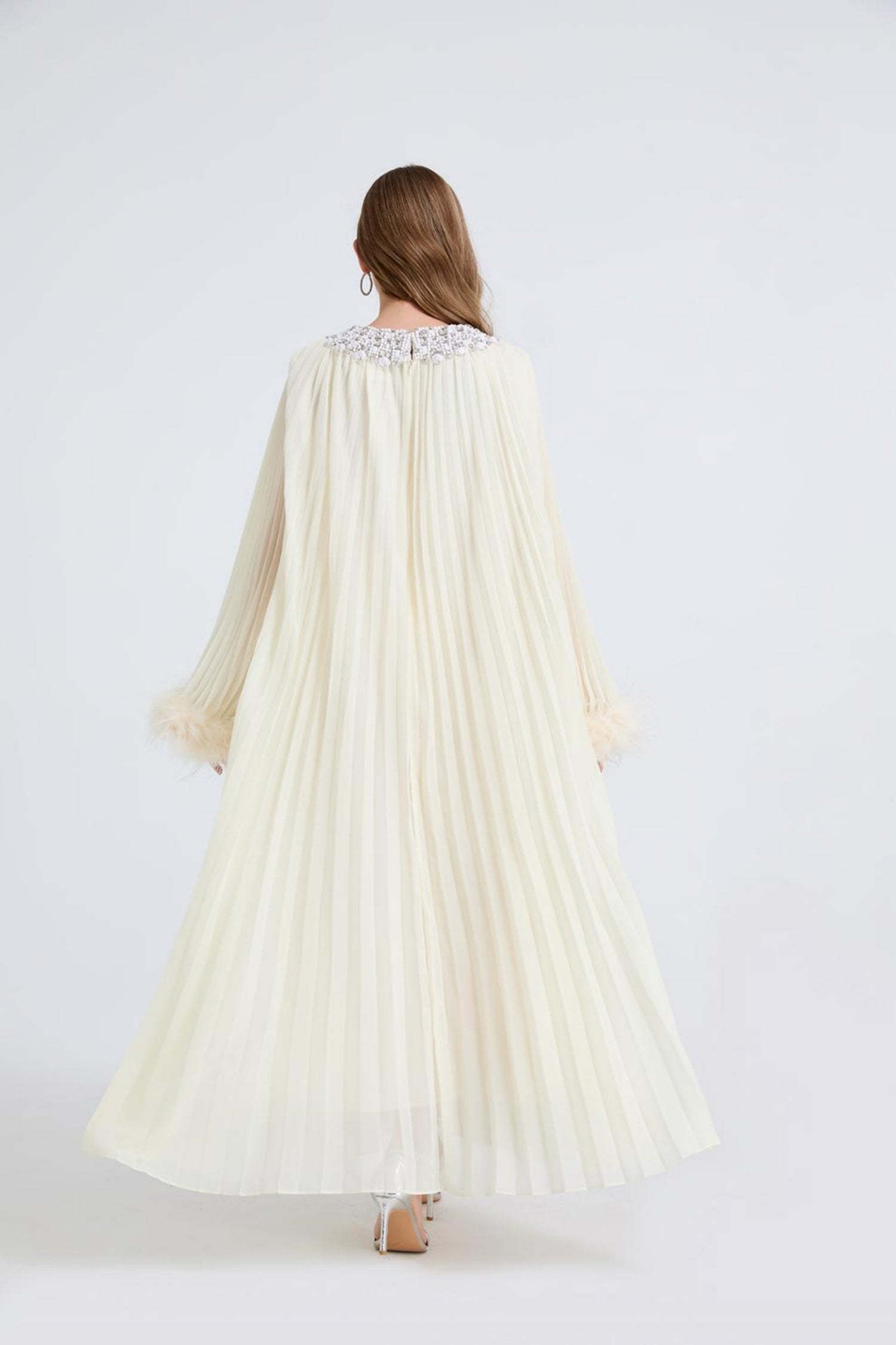 Esme Apricot Rhinestone Feather Pleated Maxi Dress