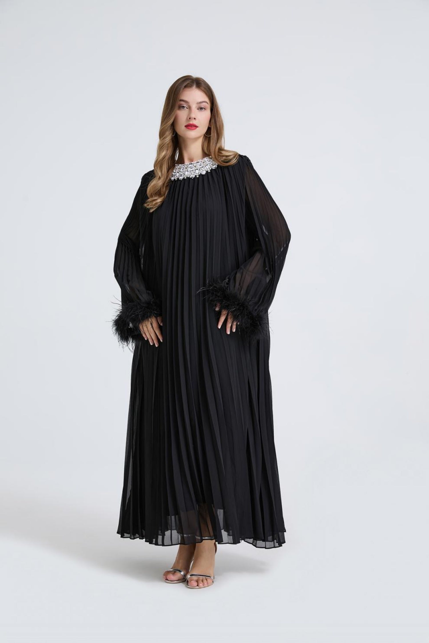Esme Black Rhinestone Feather Pleated Maxi Dress