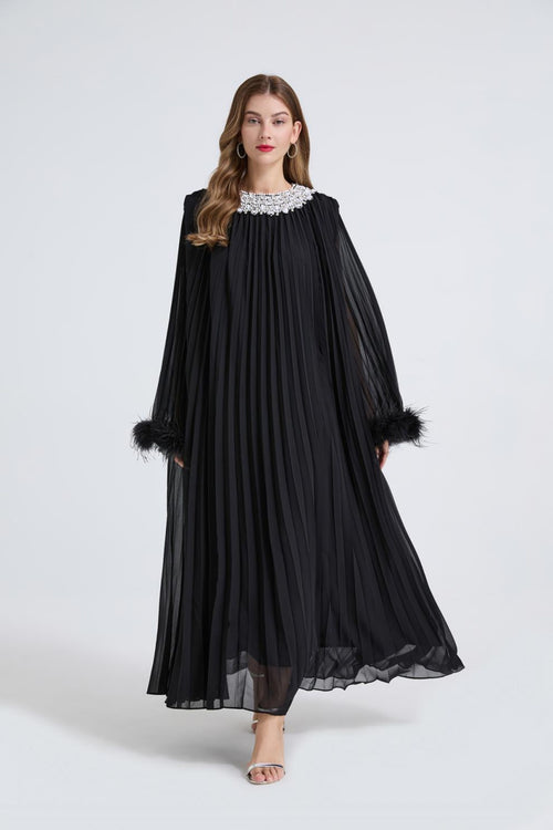 Esme Black Rhinestone Feather Pleated Maxi Dress