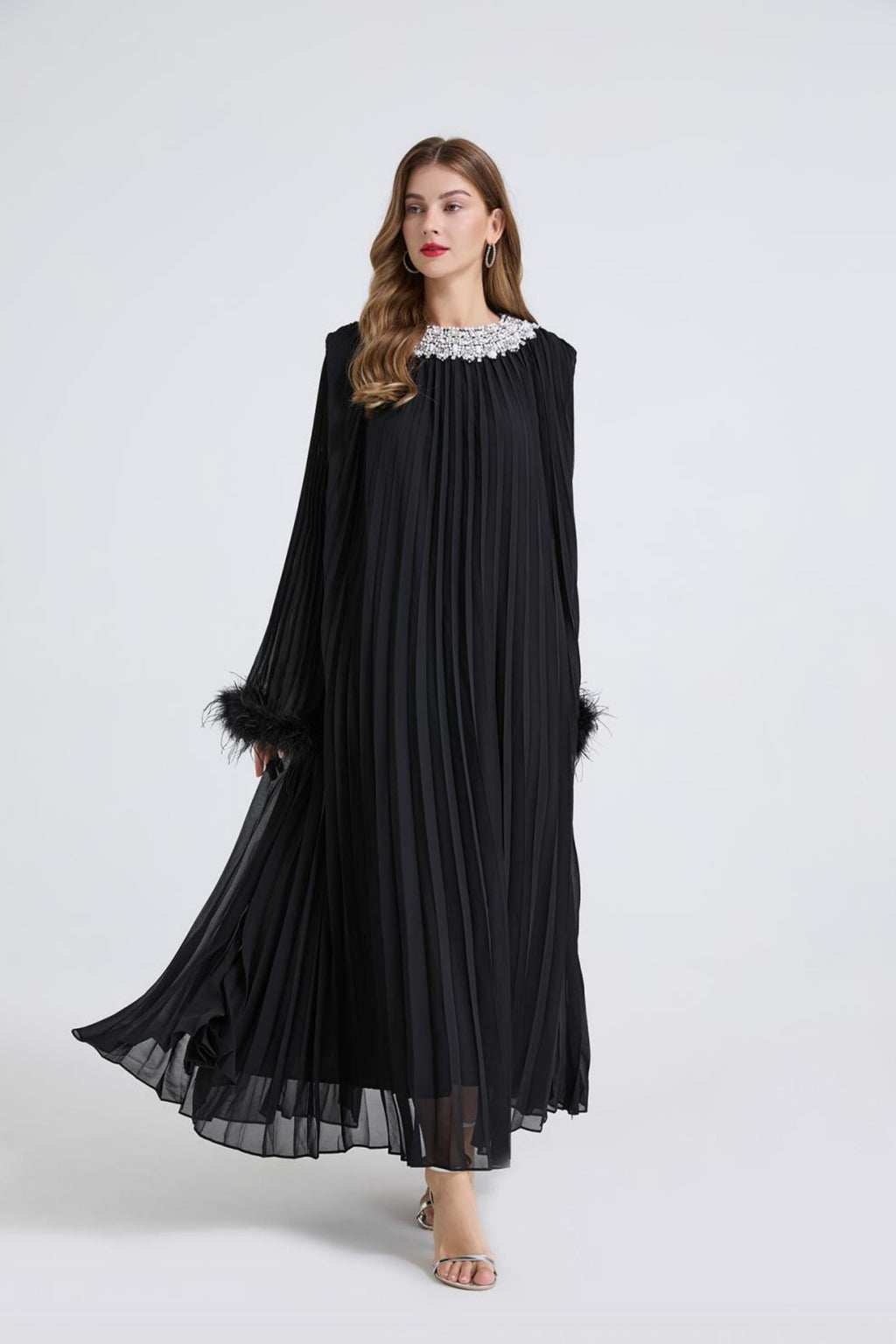 Esme Black Rhinestone Feather Pleated Maxi Dress
