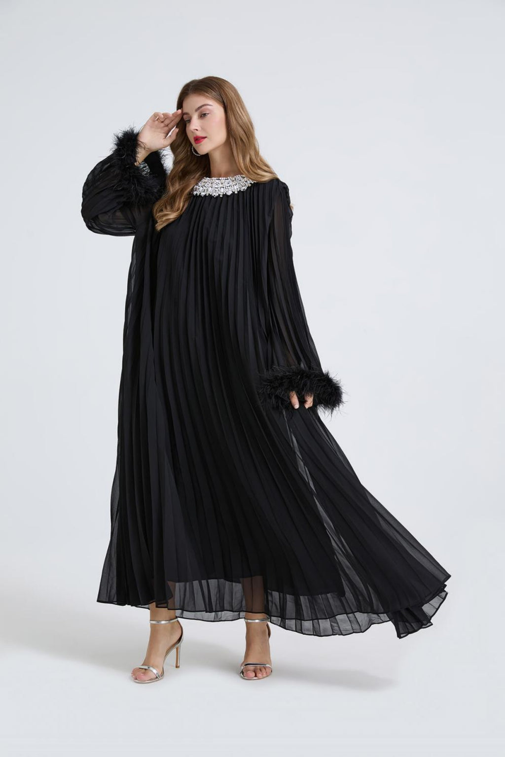 Esme Black Rhinestone Feather Pleated Maxi Dress