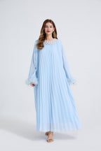 Esme Blue Rhinestone Feather Pleated Maxi Dress