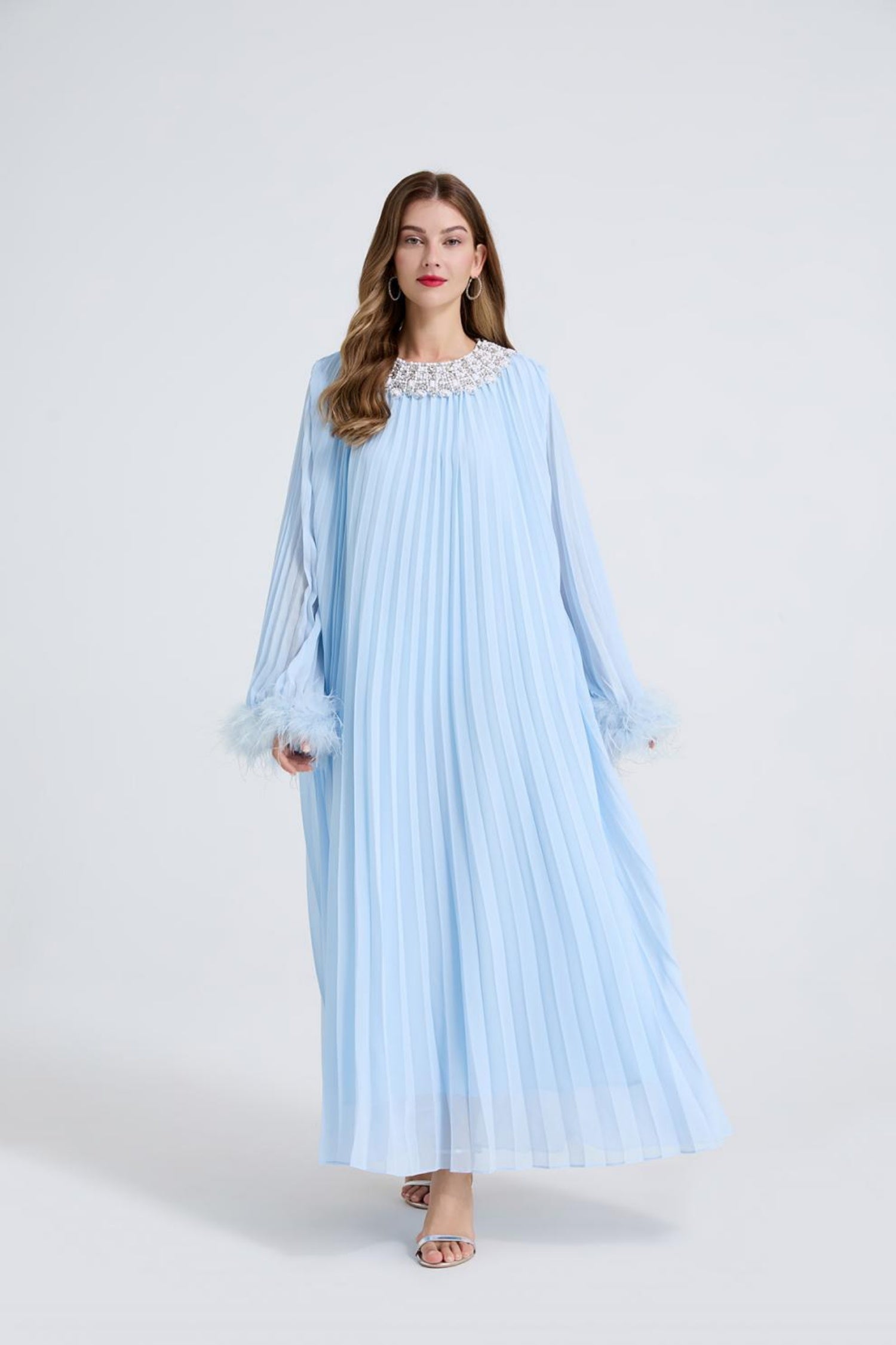 Esme Blue Rhinestone Feather Pleated Maxi Dress