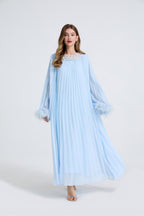 Esme Blue Rhinestone Feather Pleated Maxi Dress
