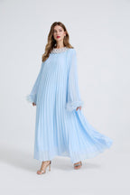 Esme Blue Rhinestone Feather Pleated Maxi Dress