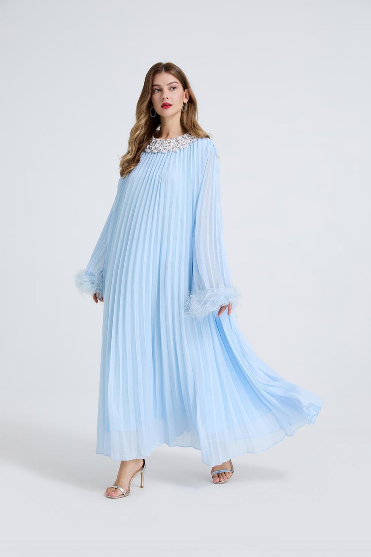 Esme Blue Rhinestone Feather Pleated Maxi Dress