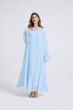 Esme Blue Rhinestone Feather Pleated Maxi Dress