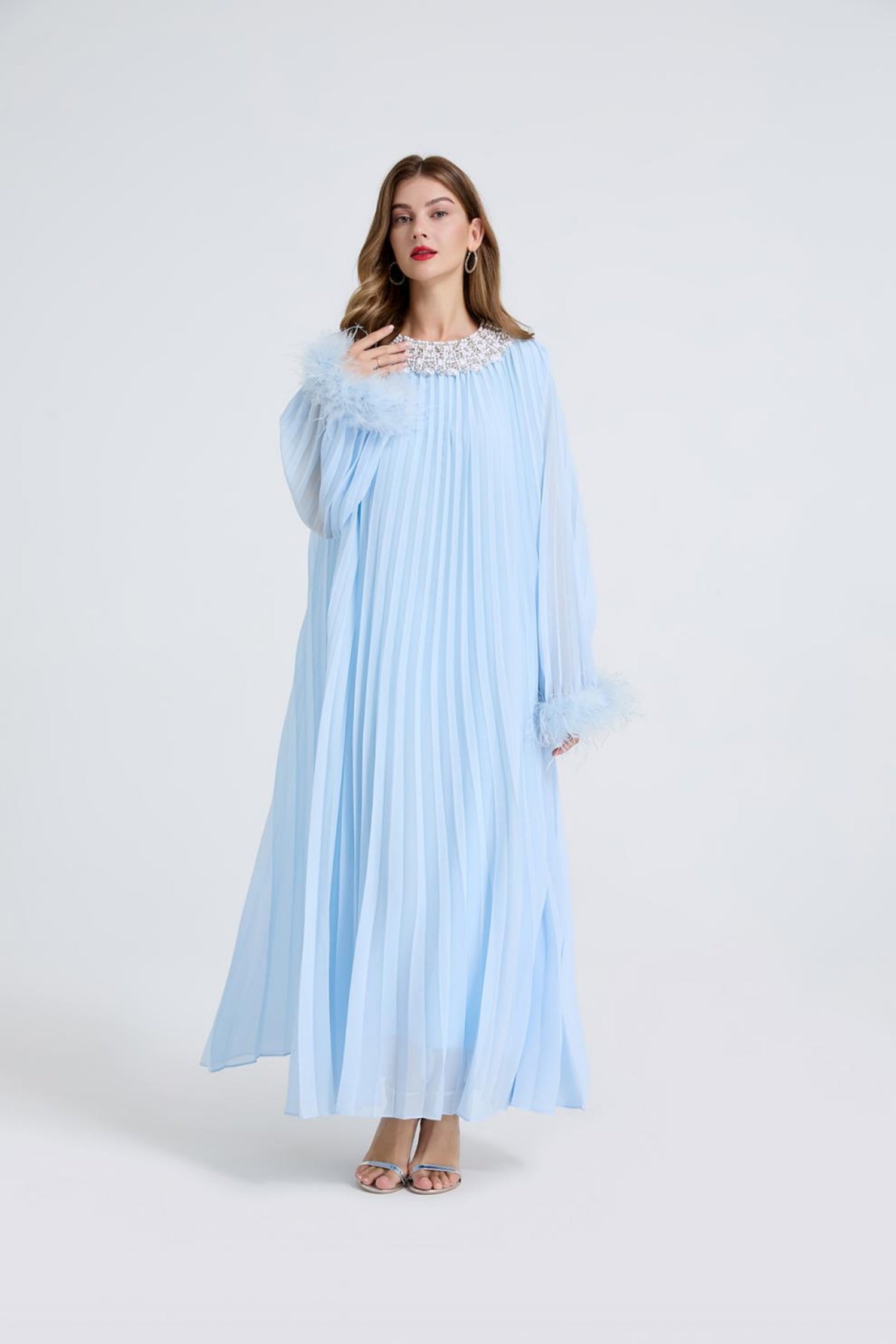 Esme Blue Rhinestone Feather Pleated Maxi Dress
