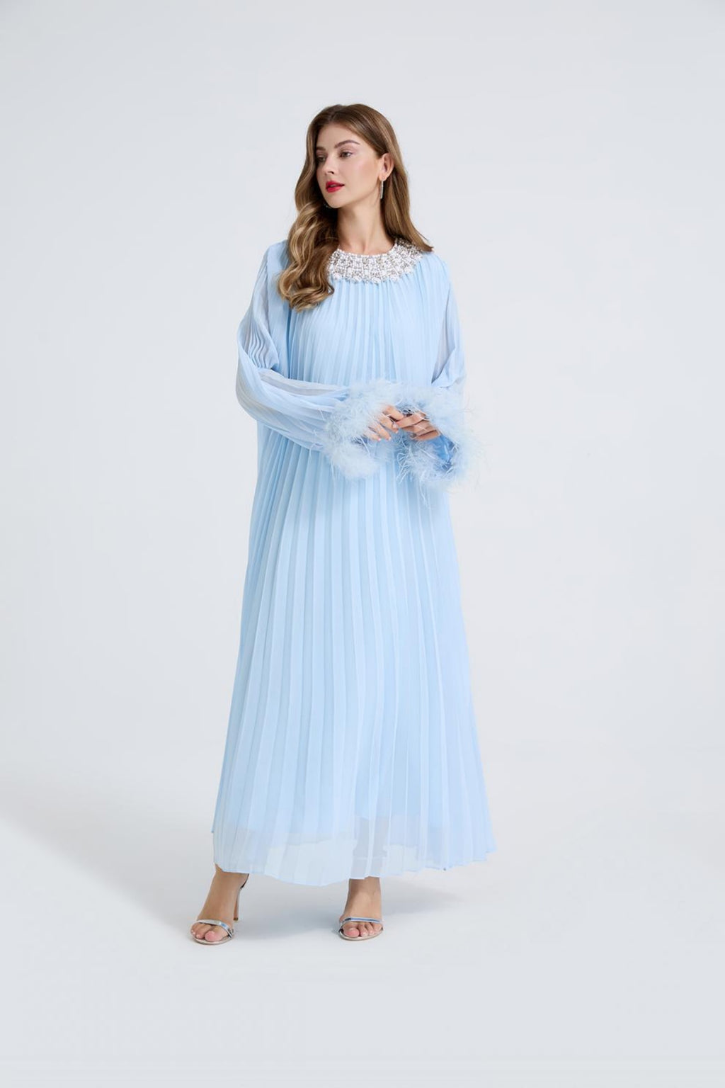 Esme Blue Rhinestone Feather Pleated Maxi Dress