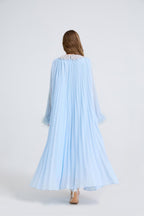Esme Blue Rhinestone Feather Pleated Maxi Dress