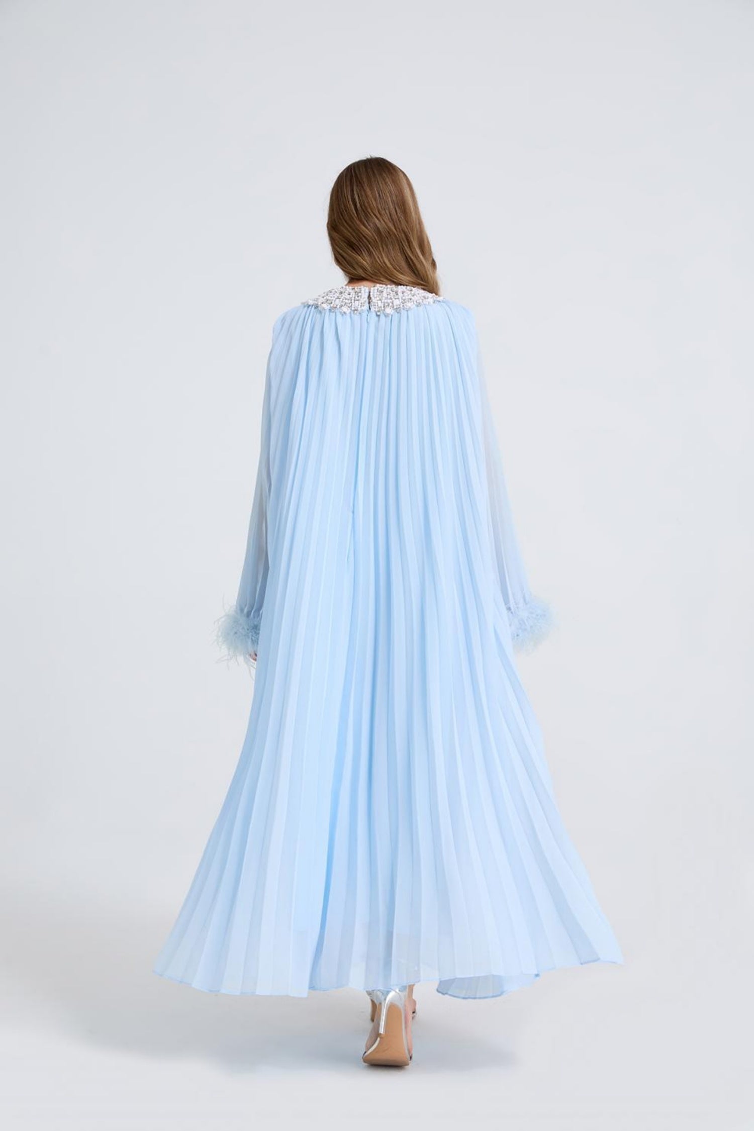 Esme Blue Rhinestone Feather Pleated Maxi Dress