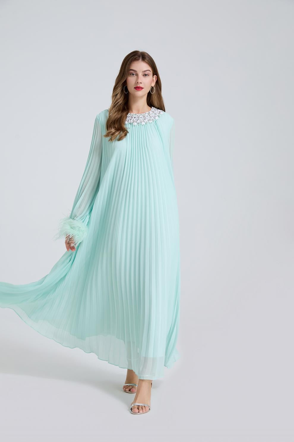 Esme Green Rhinestone Feather Pleated Maxi Dress