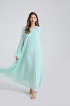 Esme Green Rhinestone Feather Pleated Maxi Dress