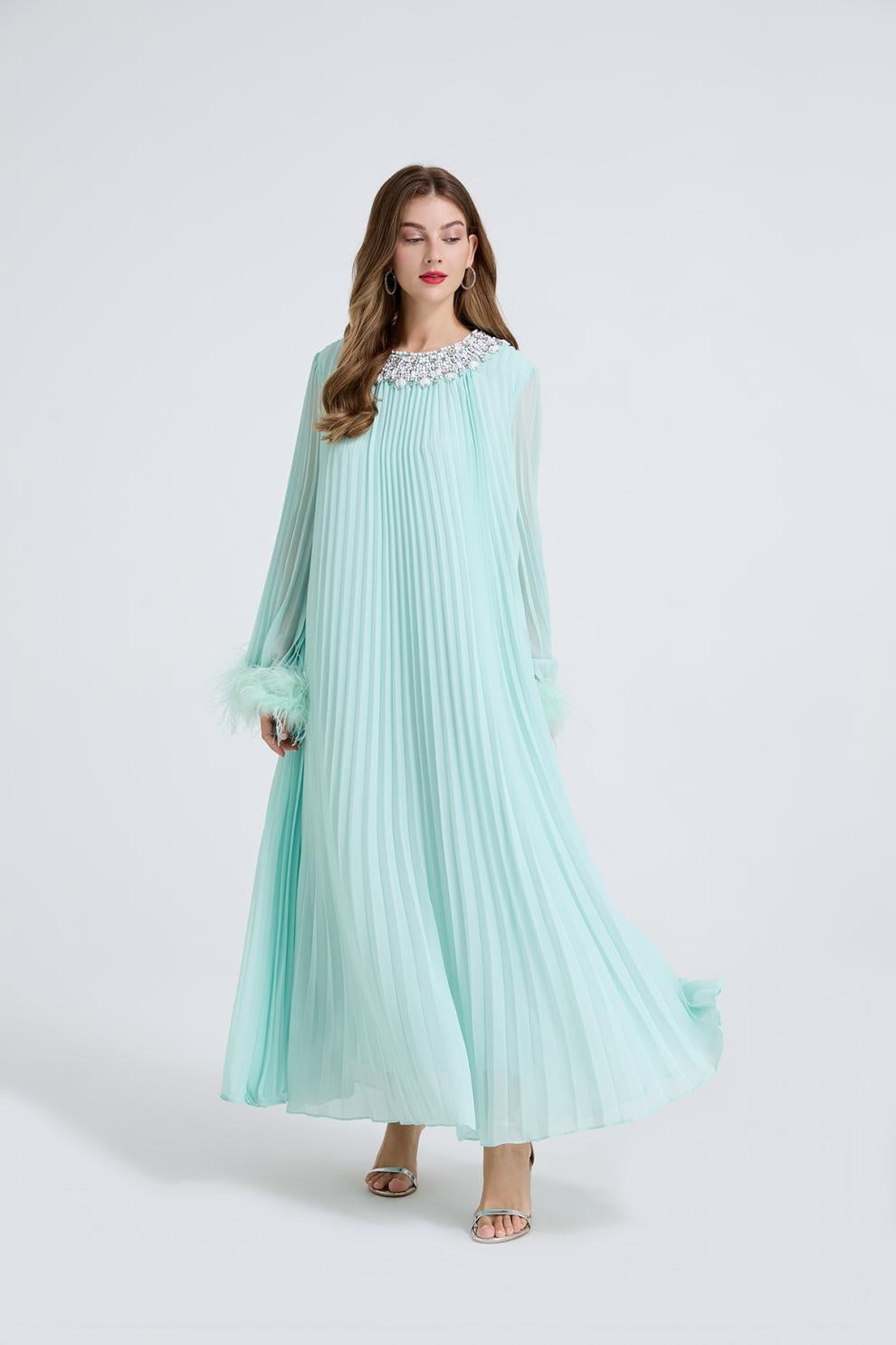 Esme Green Rhinestone Feather Pleated Maxi Dress