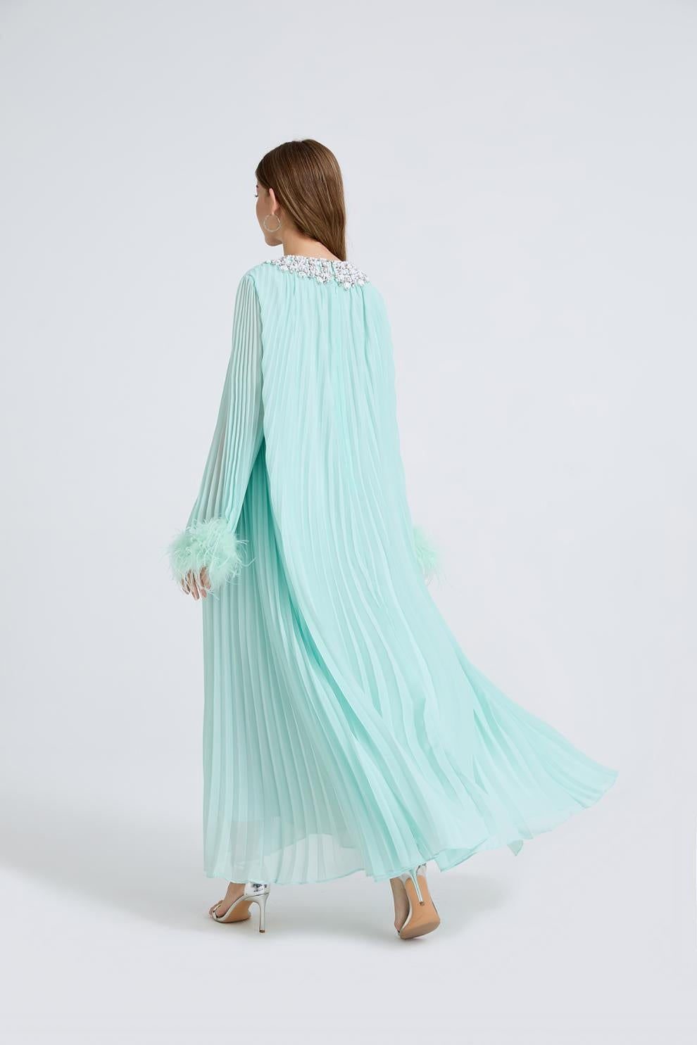 Esme Green Rhinestone Feather Pleated Maxi Dress Secondary image