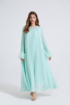 Esme Green Rhinestone Feather Pleated Maxi Dress