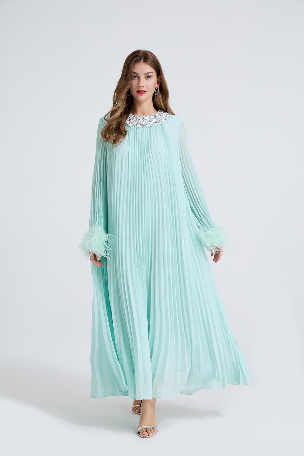 Esme Green Rhinestone Feather Pleated Maxi Dress