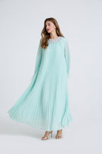 Esme Green Rhinestone Feather Pleated Maxi Dress