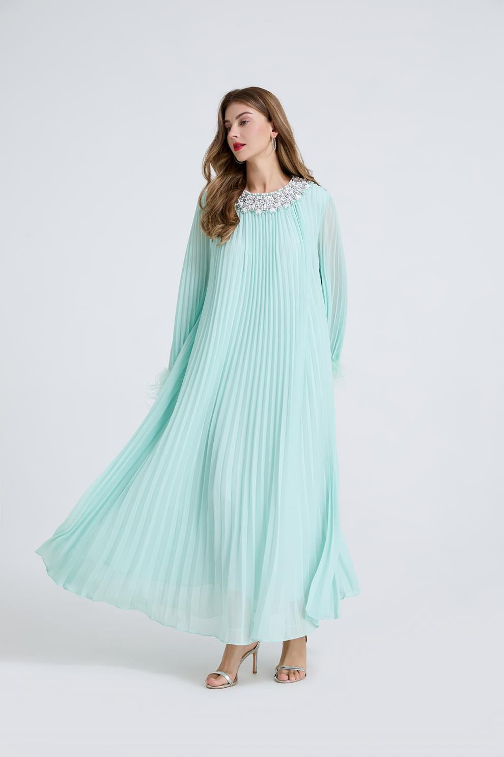 Esme Green Rhinestone Feather Pleated Maxi Dress