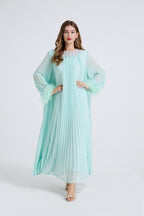 Esme Green Rhinestone Feather Pleated Maxi Dress