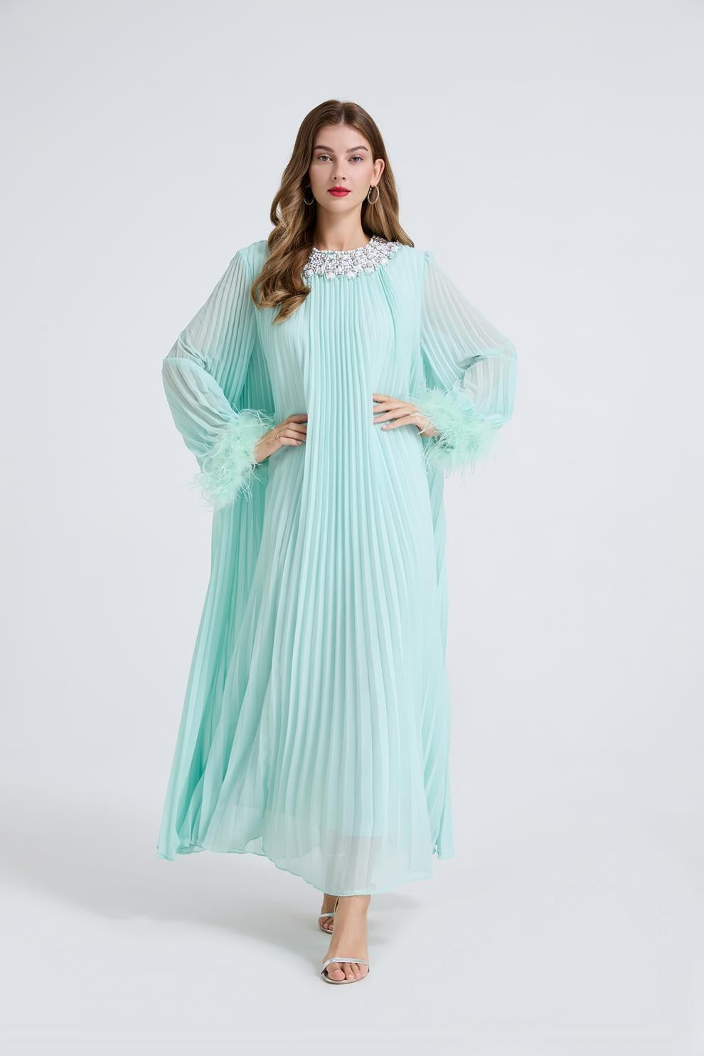 Esme Green Rhinestone Feather Pleated Maxi Dress