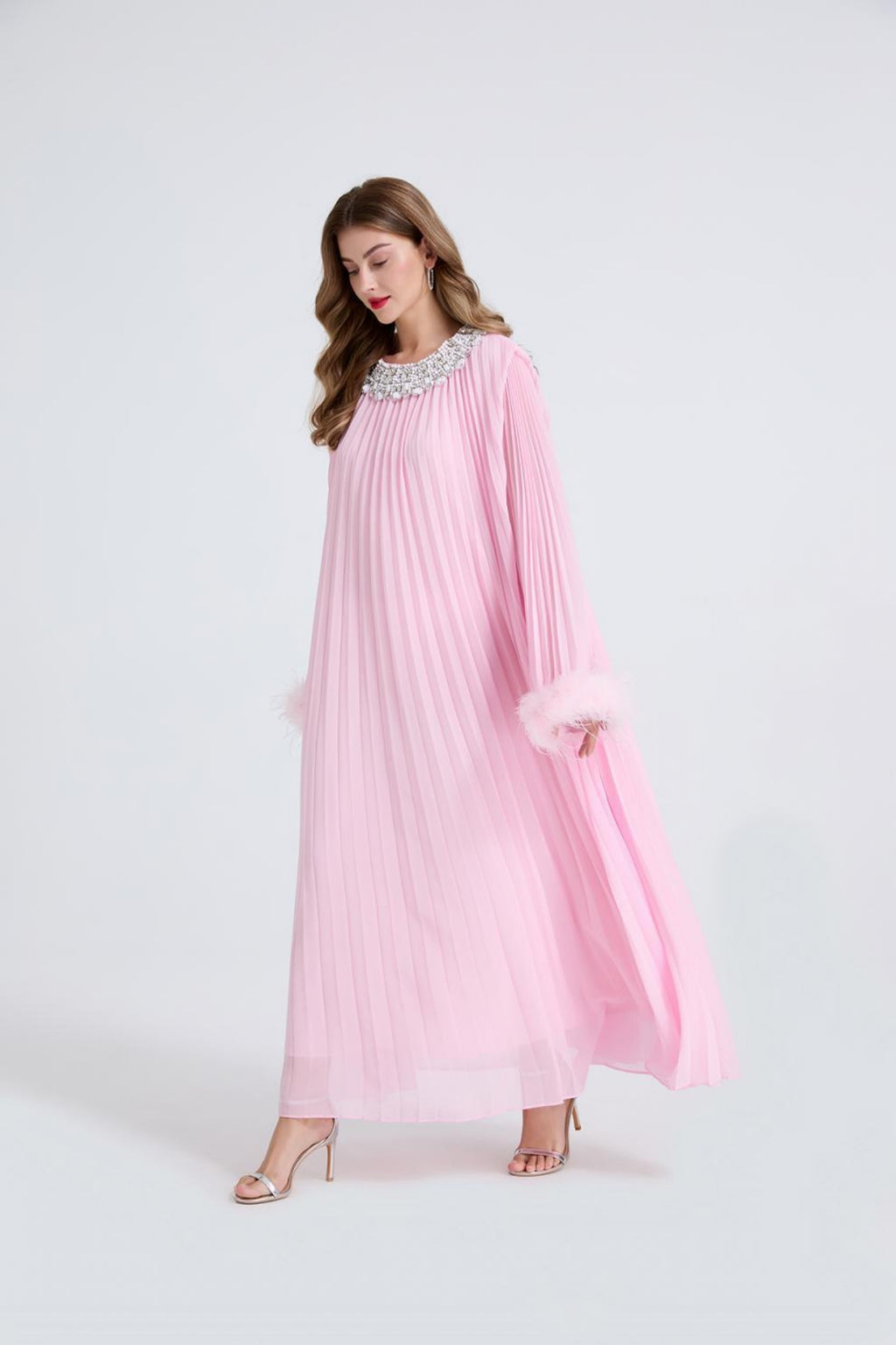 Esme Pink Rhinestone Feather Pleated Maxi Dress