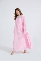 Esme Pink Rhinestone Feather Pleated Maxi Dress