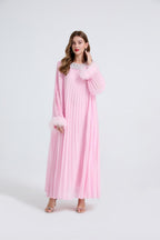 Esme Pink Rhinestone Feather Pleated Maxi Dress