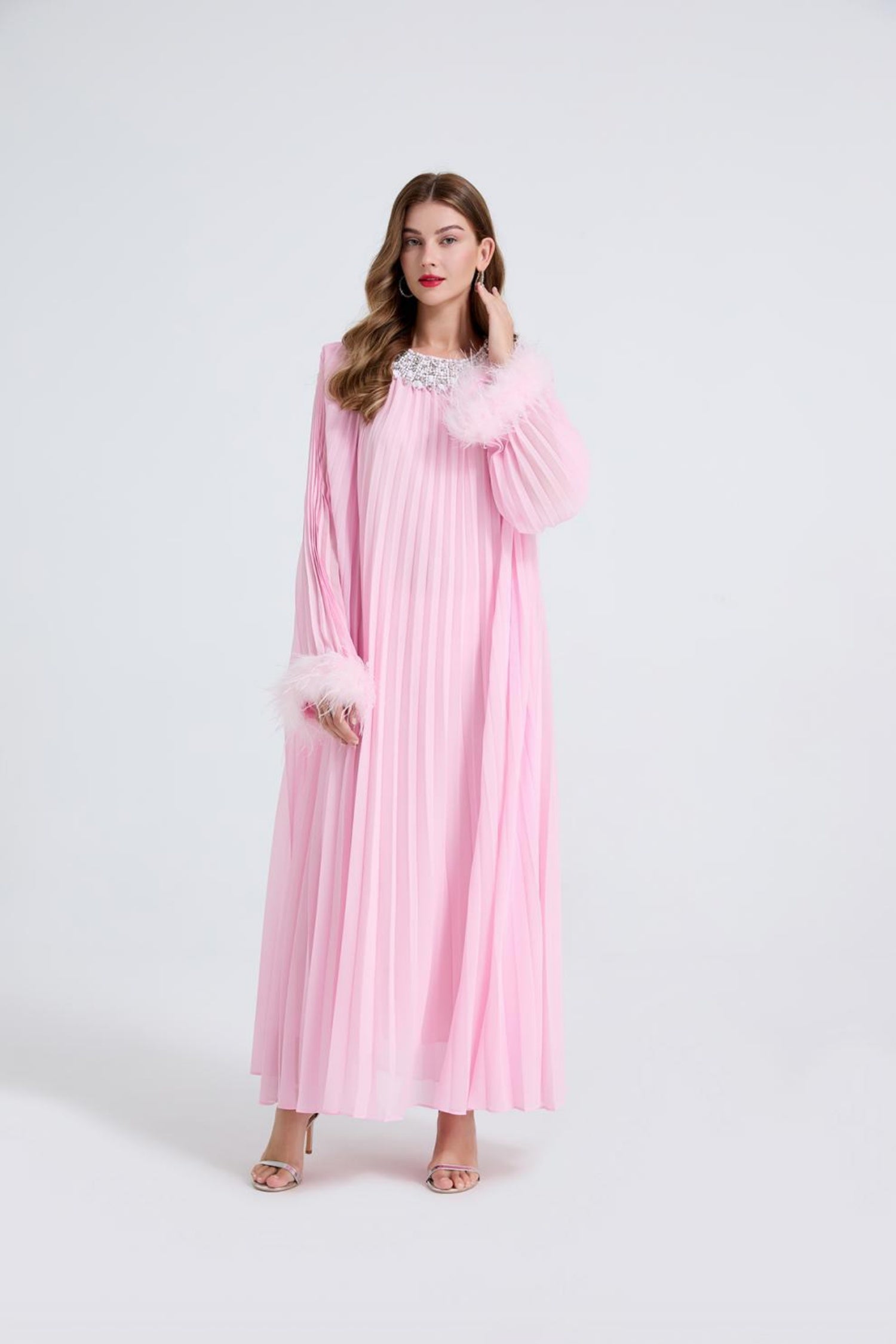 Esme Pink Rhinestone Feather Pleated Maxi Dress